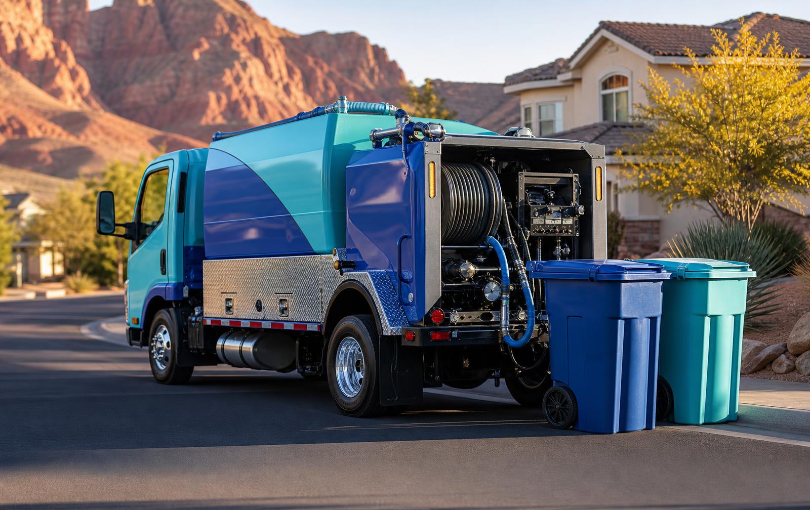Clean blue residential trash cans at the curb beside a Vibrant Cans sanitizing truck