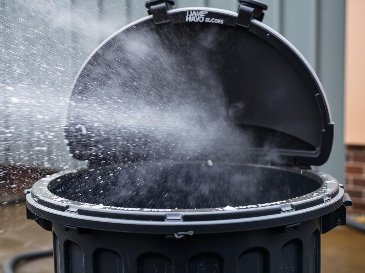 High pressure hot water blasting inside a bin